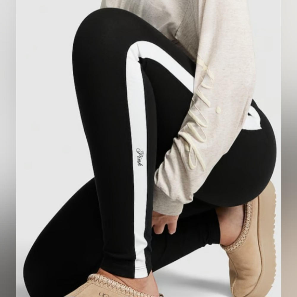 XXL ❤️VS PINK Logo Cotton High Waist Leggings Black White